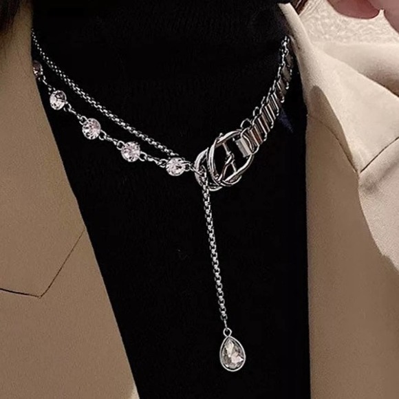 WHITE GOLD PLATED BUCKLE PUNK CHAIN RHINESTONE DROP CHOKER NECKLACE - Picture 5 of 9